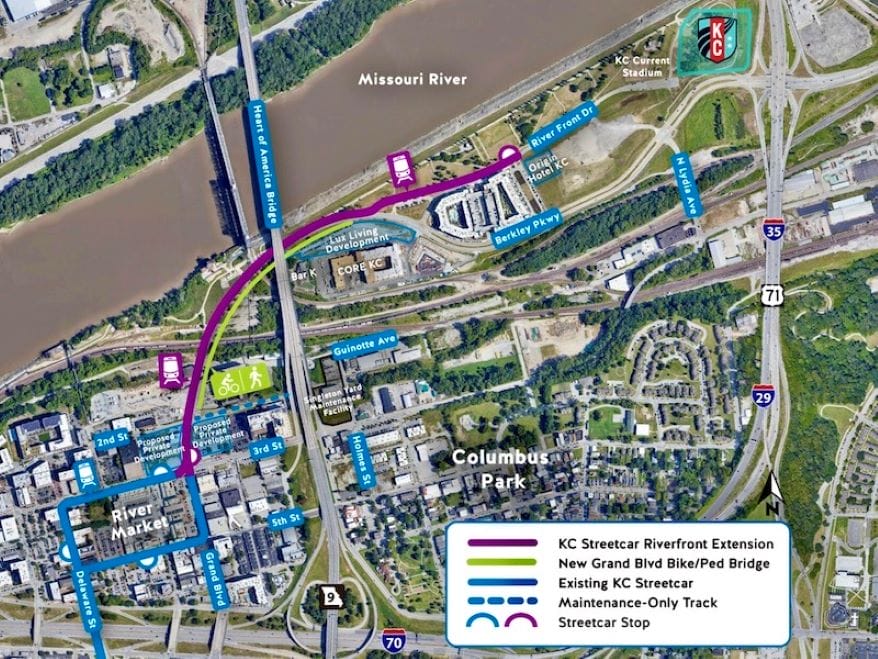 Map showing KC Streetcar extension to the riverfront.
