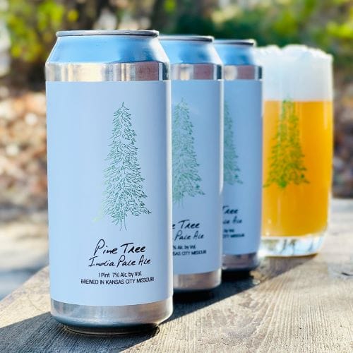 BKS Artisan Ales' Pine Tree IPA in cans and a glass.