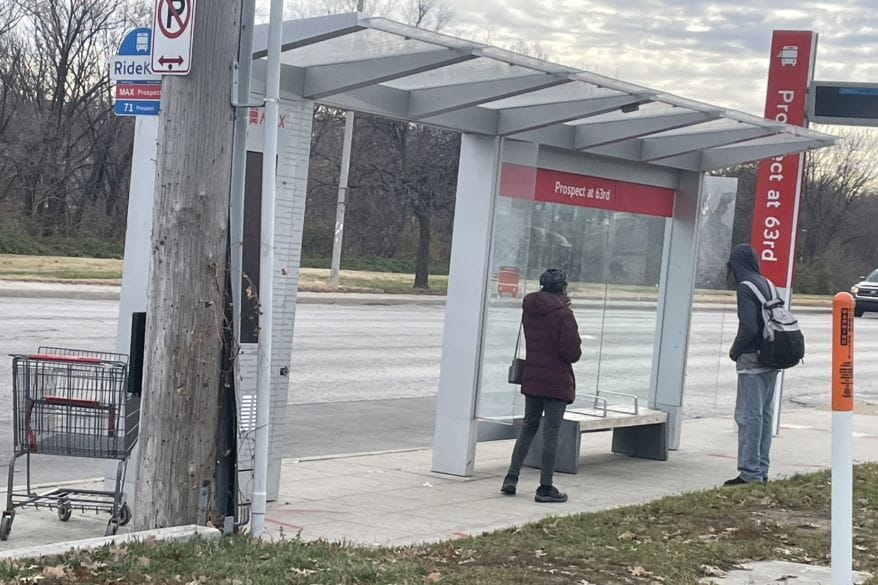 Covered bus stop at 63rd Street and Prospect Avenue.