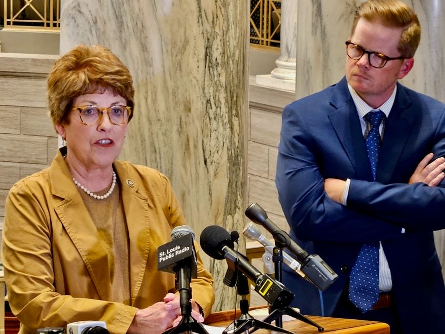  Senate Majority Leader Cindy O’Laughlin, R-Shelbina, speaks at a news conference after the end of the 2023 legislative session with President Pro Tem Caleb Rowden, R-Columbia.