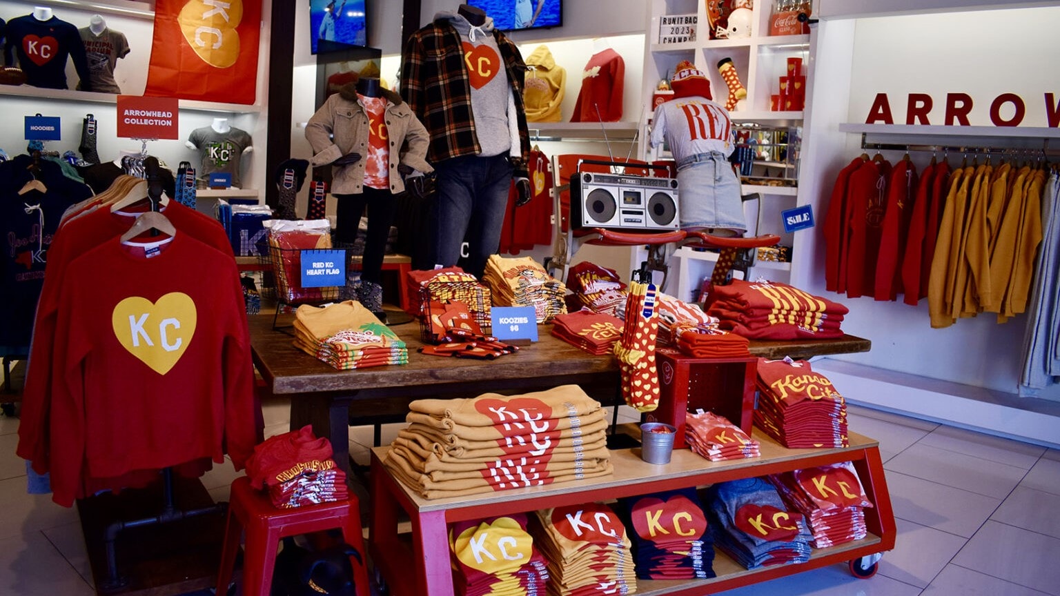 Chiefs-inspired apparel sits ready for shoppers at Charlie Hustle’s Plaza storefront.