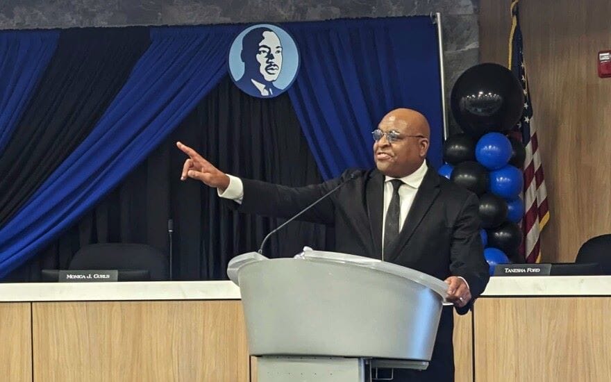 The Rev. Vernon Howard Jr. gives his keynote address at the Martin Luther King Jr. Day luncheon at the Kansas City Public Schools headquarters on Thursday, Jan. 11.