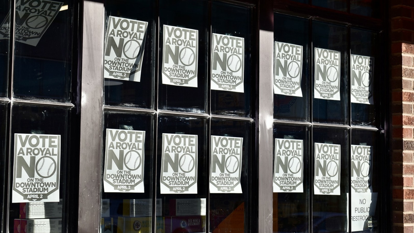 “Vote No” signs stuck in the windows on The Pairing in the East Crossroads.