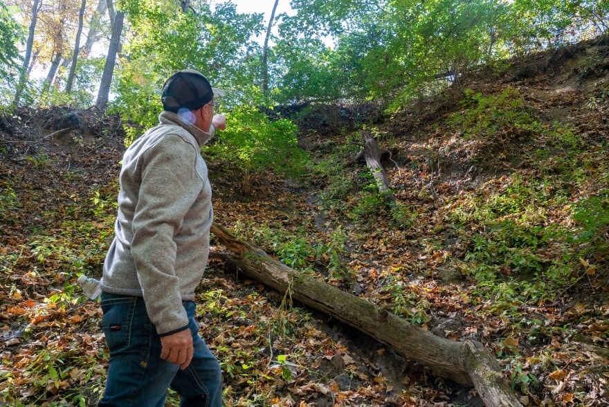 Kenny Davis points to the exposed root systems where a creek bank is eroding on his property on Oct. 9, 2023. He said the erosion is a lasting result of pipeline construction on his land in Scott County, Illinois.