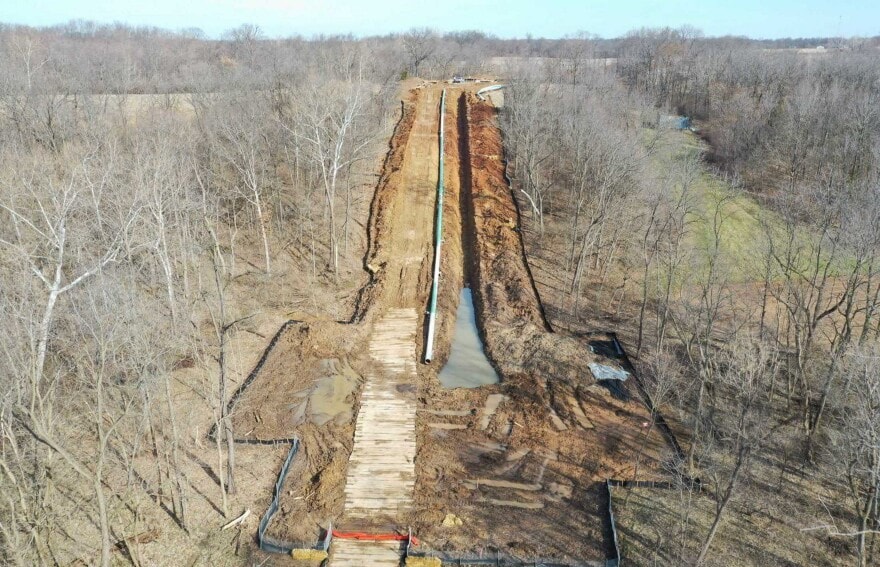 Construction of the Spire STL natural gas pipeline through Kenny Davis’ property on April 1, 2019 as part of an Aug. 16, 2023 filing to the Federal Energy Regulatory Commission. Years after construction was completed, Davis says debris from the pipeline is still left behind underground.