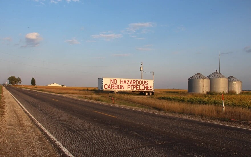 A semi-trailer emblazoned with the slogan, “No hazardous carbon pipelines,” greeted drivers entering the town of Fremont, Iowa in early fall of 2023. Navigator CO2 Ventures announced in October that it was canceling its multi-state pipeline project, which would have run near the small town.