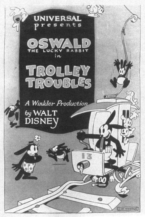 A poster for "Trolley Troubles," featuring Walt Disney's creation Oswald the Lucky Rabbit.
