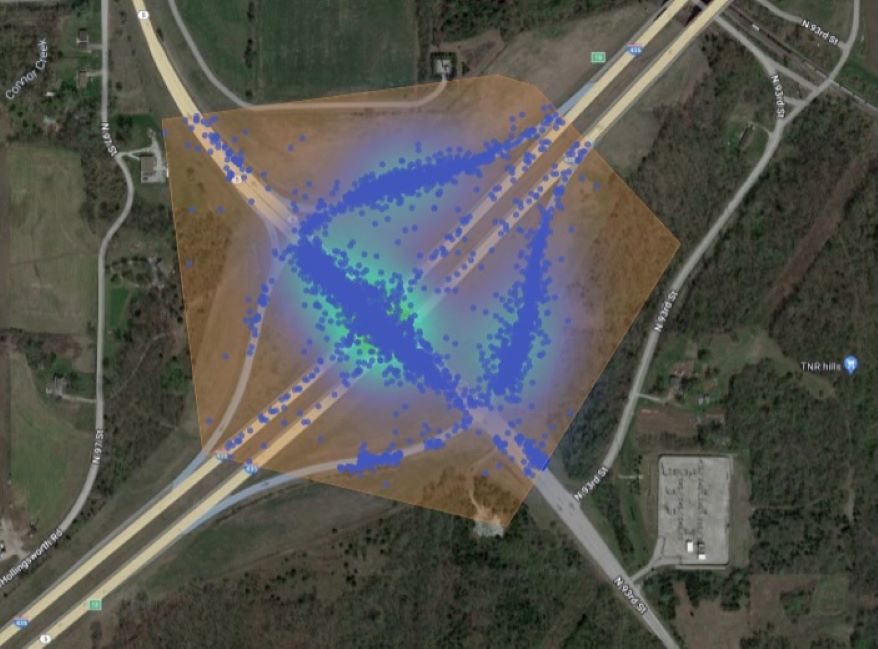 Exit 18 on Interstate 435 with blue dots representing geolocation checks of sports wager accounts.