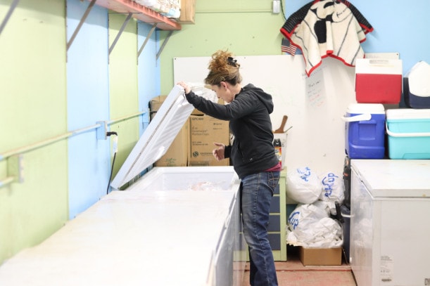 A woman in jeans and black jacket reaches into a white chest freezer.