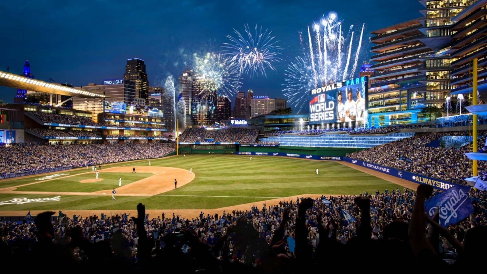 A view of the downtown skyline from inside the proposed Kansas City Royals ballpark.