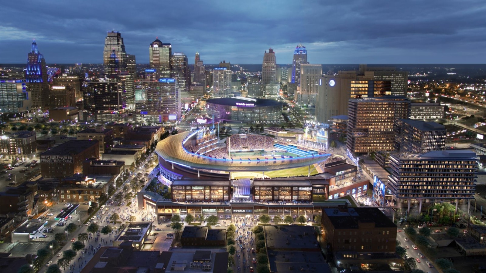 A view looking north from the proposed Kansas City Royals ballpark with the downtown skyline in the background.