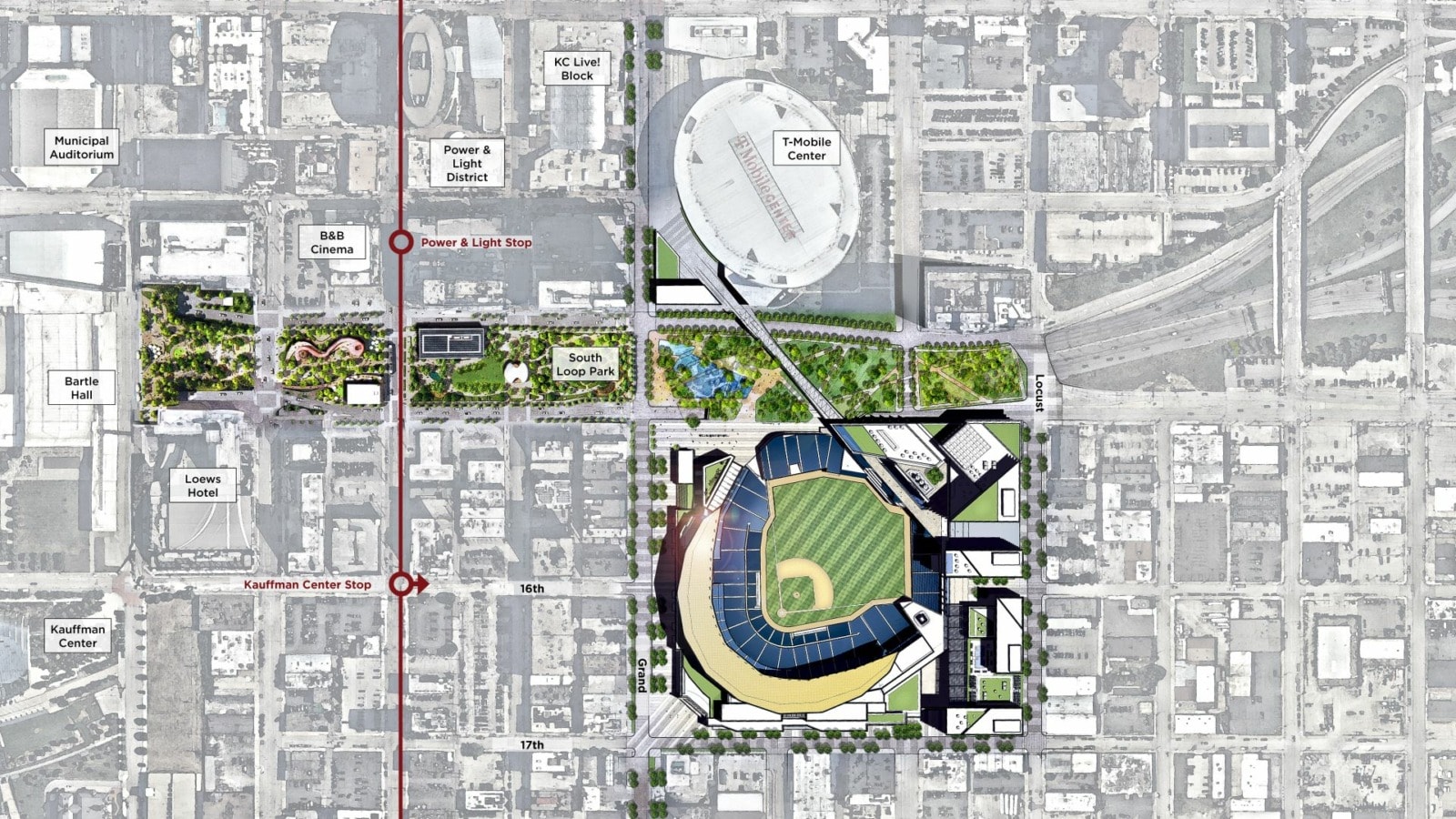Site map for the proposed Kansas City Royals stadium downtown.