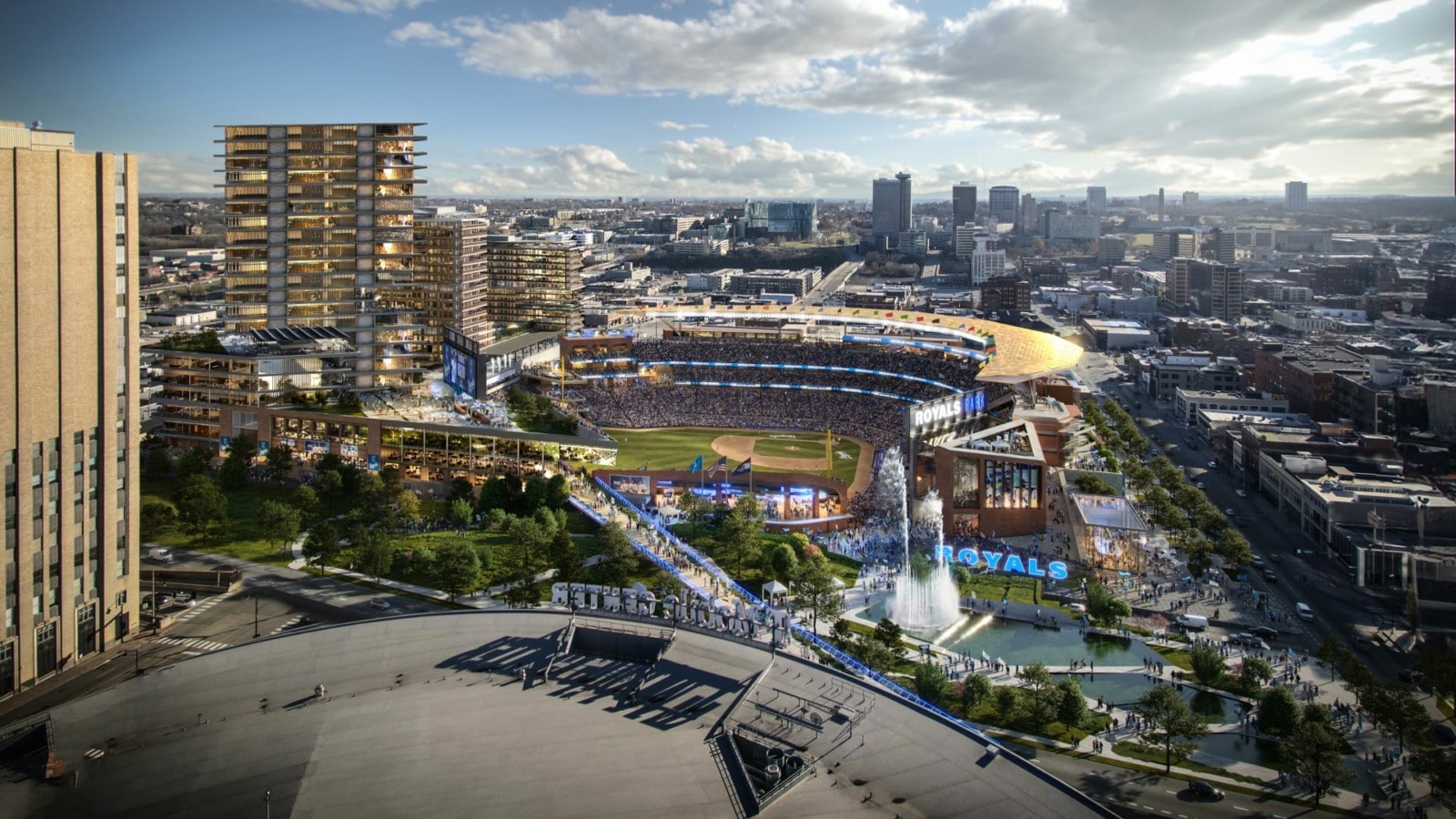 A view looking south from the proposed Kansas City Royals ballpark to the Crossroads and Crown Center.