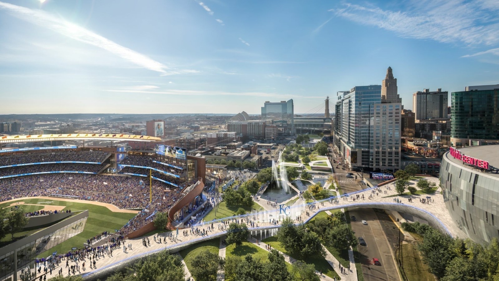 A view looking west from the proposed Kansas City Royals ballpark that includes a proposed park atop the south side of the downtown freeway loop.