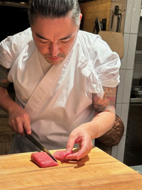 During a recent pop-up omakase at The Town Company, David Utterback carefully slices fish flown in from the top Japanese fish markets.