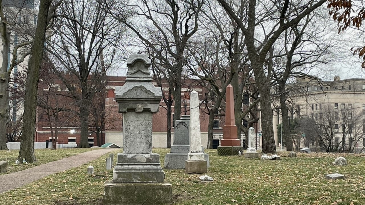 Taller stone monuments are spread throughout the two-acre Huron cemetery site, many marking the gravesites of important early figures in local history who were members of the Wyandot Nation of Kansas. The 7th Street Casino, which is owned and operated by the Wyandotte of Oklahoma, can be seen in the background.