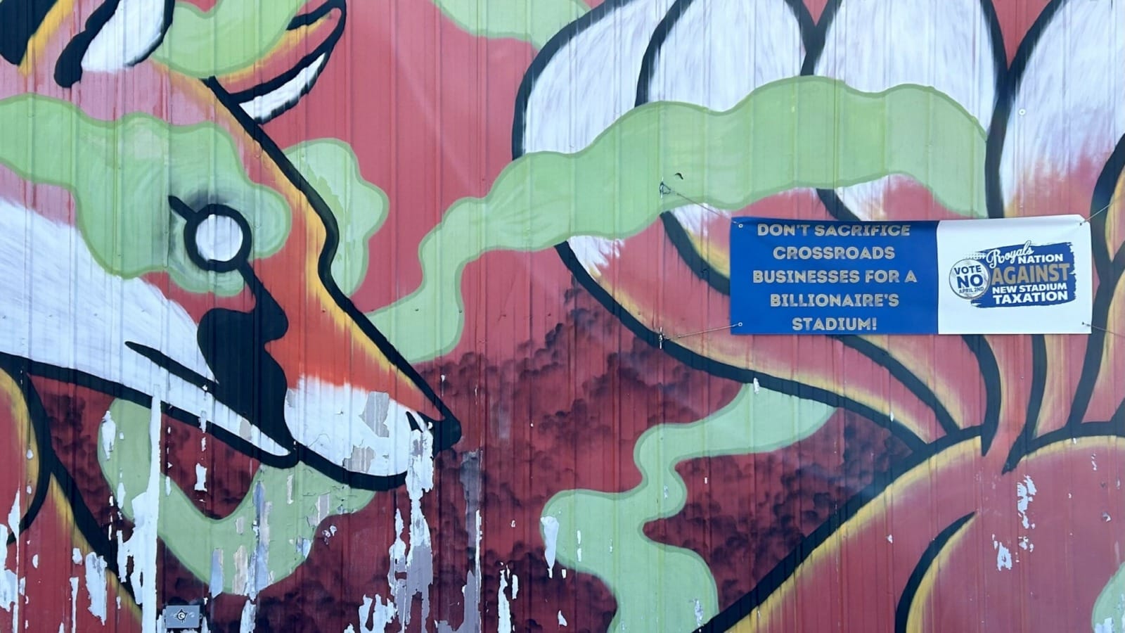 A sign opposing the proposed Royals ballpark in the Crossroads.