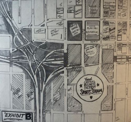 A map showing the location of a proposed stadium in the Crossroads.