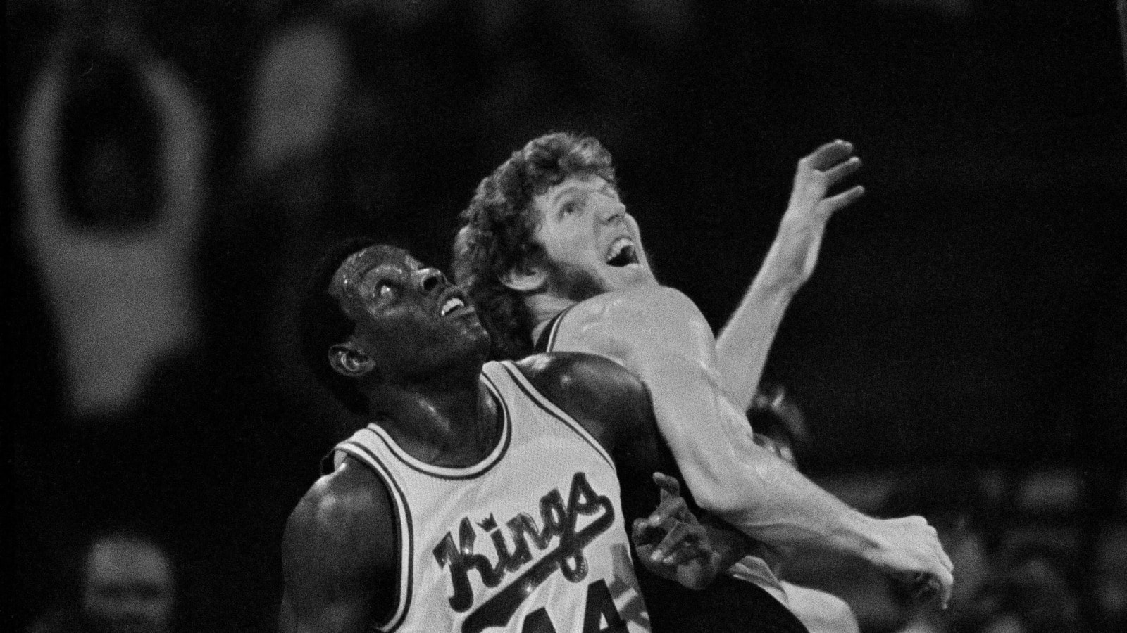 The battle for a rebound position between Kansas City Kings' Sam Lacey, left, and Portland Trail Blazers' Bill Walton, right.