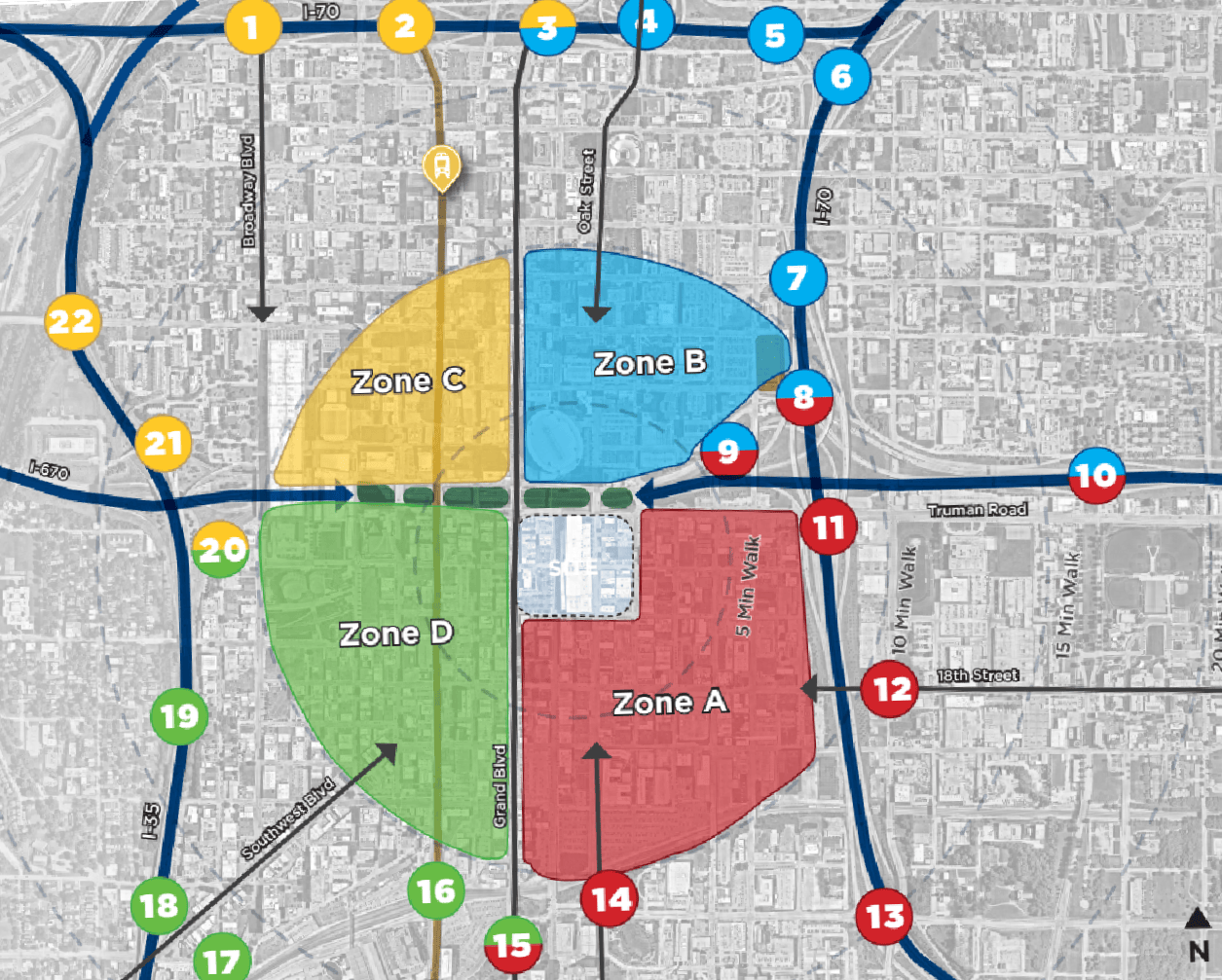 A map showing access points and parking zones for a new Royals ballpark in the East Crossroads.