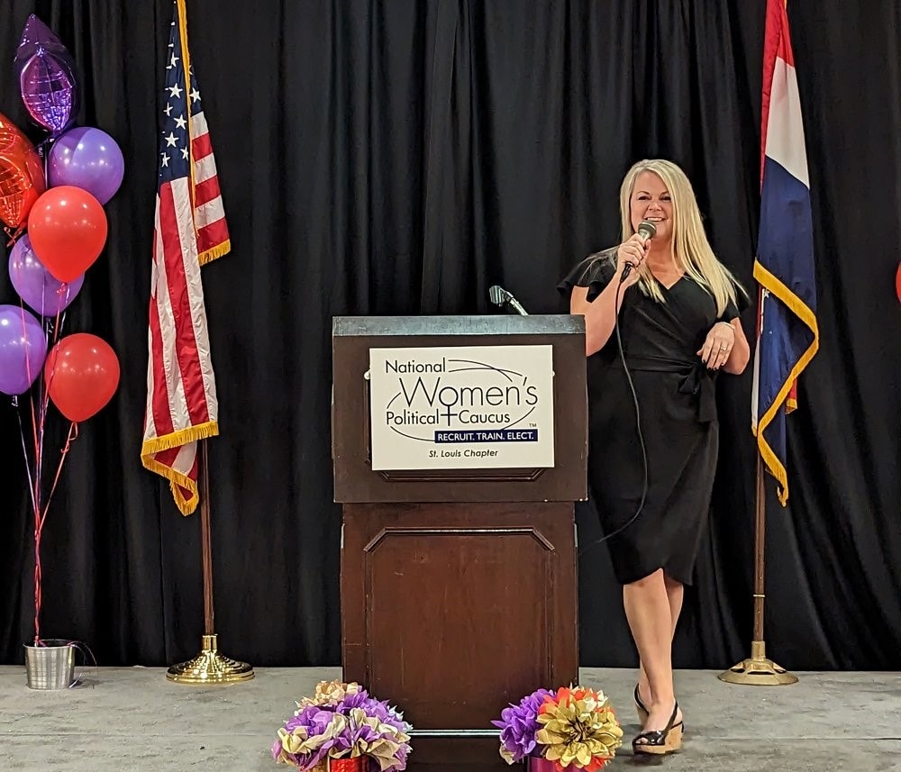 Jessica Piper, executive director of Blue Missouri and host of the Dirt Road Democrat podcast, speaks at the 2023 Galvanizing Gutsy Women Gala.