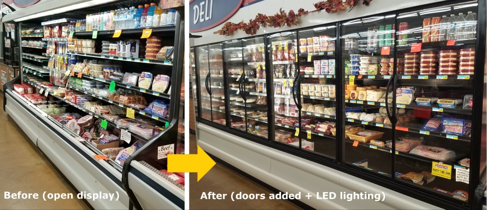 A split photo shows a grocery store display case on the left that is open and one on the right that has doors on the cases. Text on the bottom reads "Before (open display)" and "After (doors added + LED lighting)"