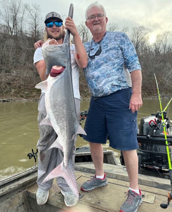 A huge fish? No, just an average catch at Grand Lake in northeast Oklahoma. Guide Haydn Williams (left) and a client, Greg Thompson, pose with their catch.