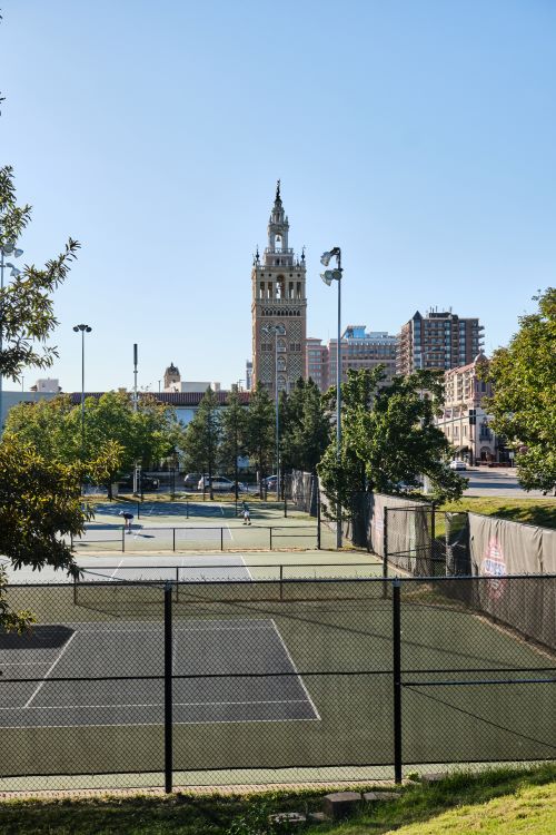 A westerly view of the Country Club Plaza from the Plaza Tennis Center.