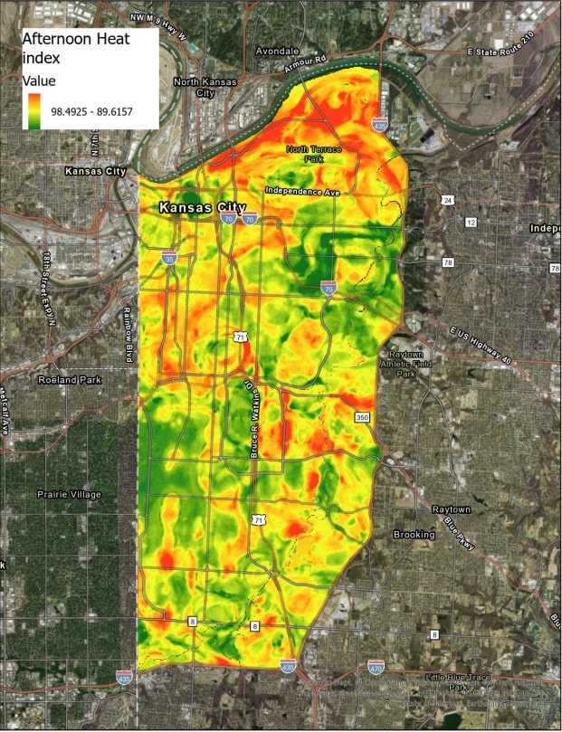 An afternoon heat map index focused on the urban core of Kansas City.