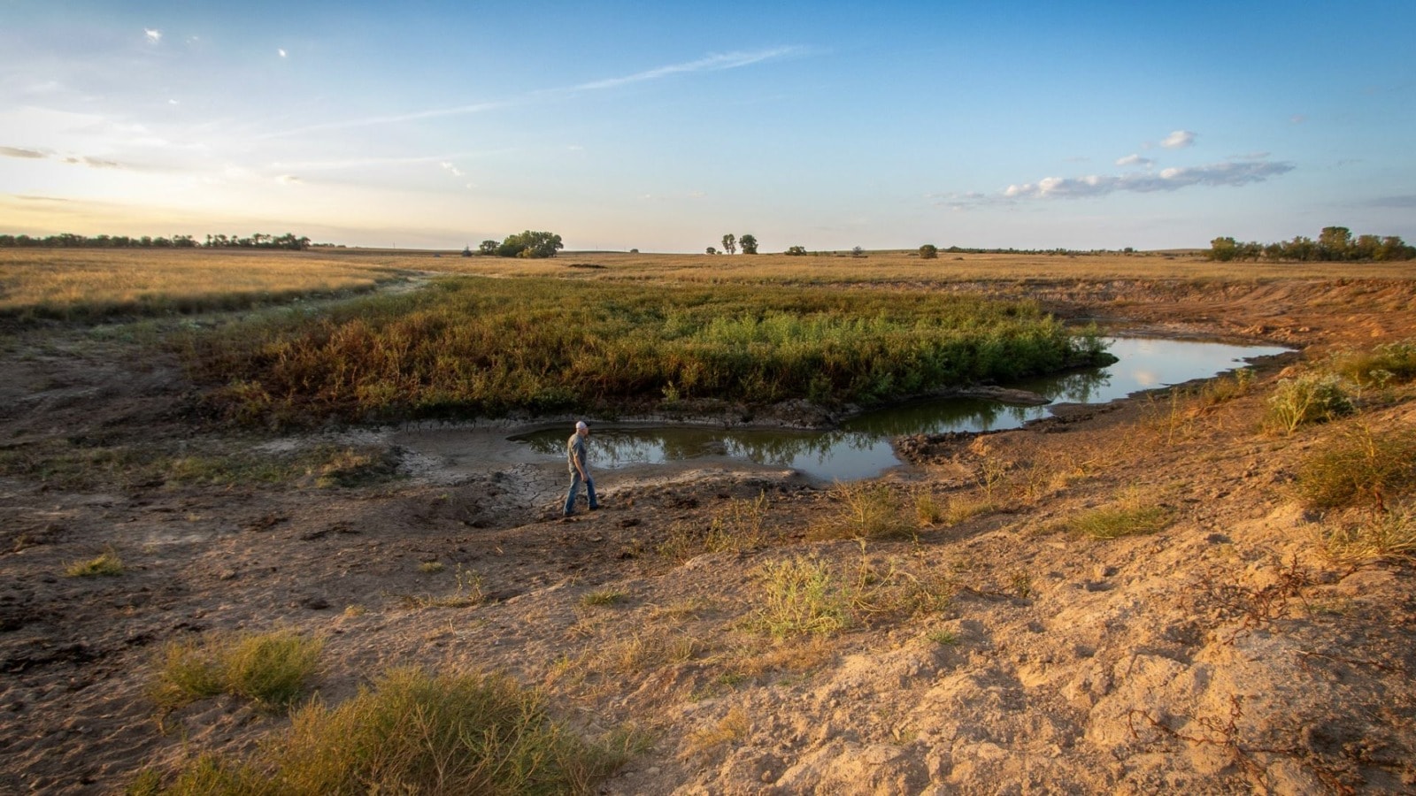 Bruce Graham inspects an almost dry pond on his farm.