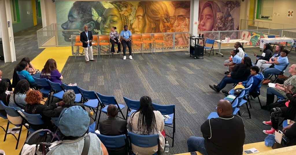 Students share their experiences with gun violence at a workshop held on Saturday at the Ewing Marion Kauffman School.