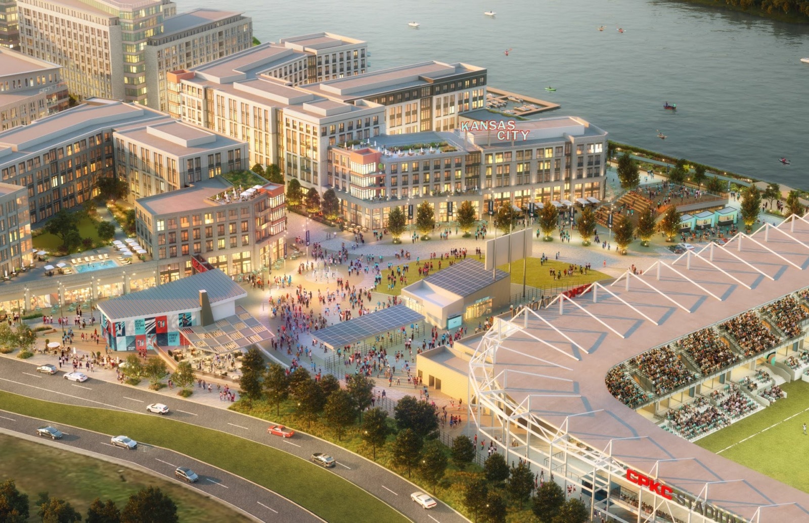 A rendering of an aerial view of the mixed-used project planned west of the new KC Current stadium on the riverfront.