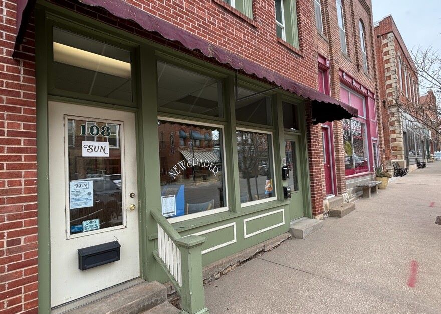 An exterior view of the Mount Vernon-Lisbon Sun offices, in a former dentist's office in downtown Mount Vernon, Iowa. The newspaper was recently bought by the University of Iowa's student newspaper, The Daily Iowan.