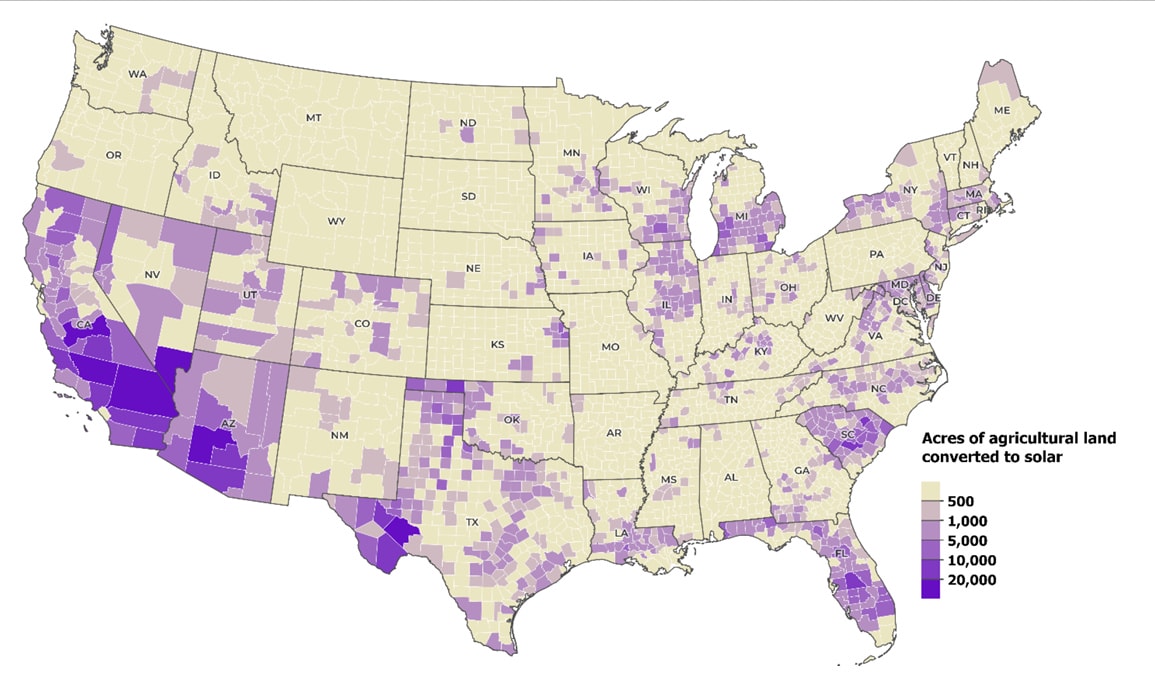 A map of the U.S. shows counties in shades of purple and tan to indicate where most of the solar expansion is expected to occur through 2040. California has the darkest purple counties. 