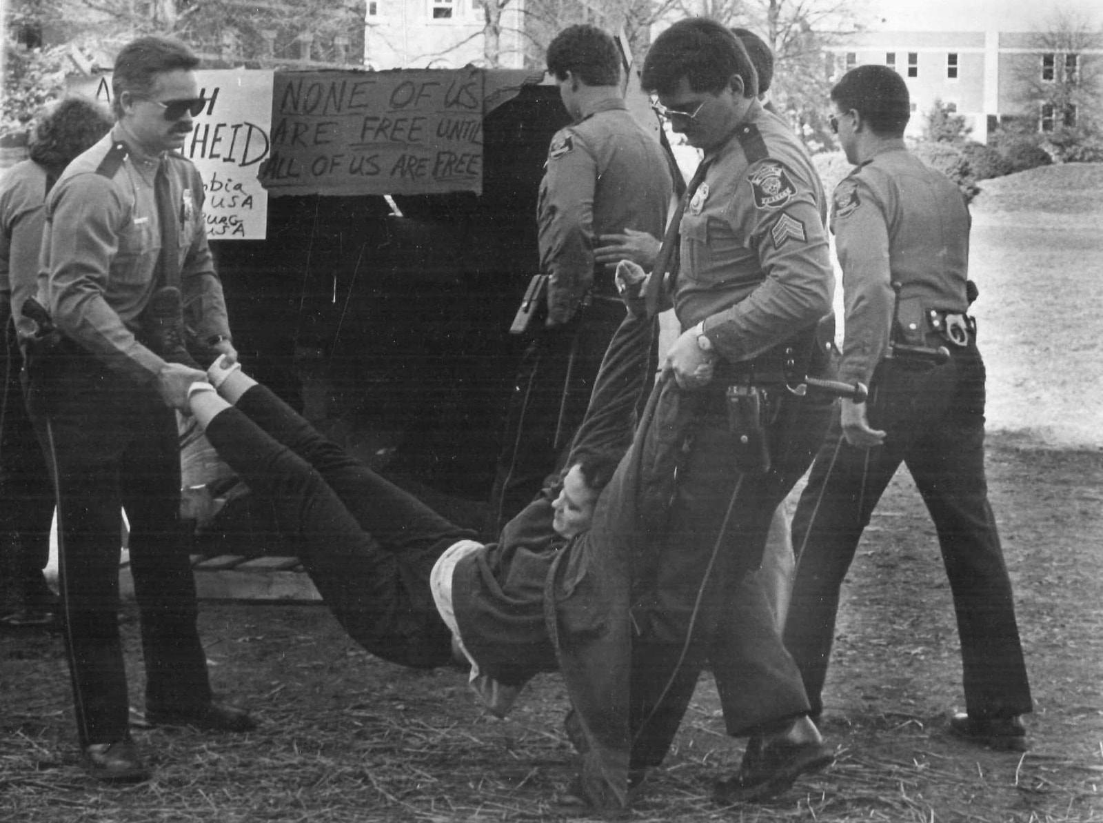 A protester goes limp as she is arrested during the anti-apartheid protests.