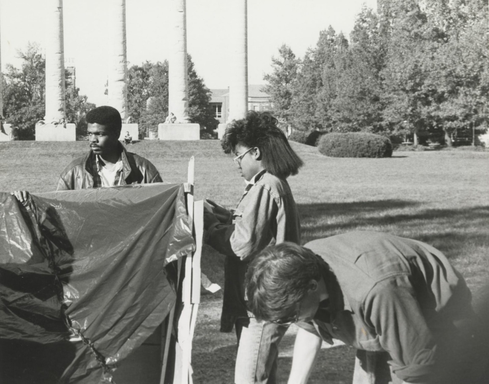 Protesters pitch camp during the anti-apartheid demonstrations at the University of Missouri-Columbia.