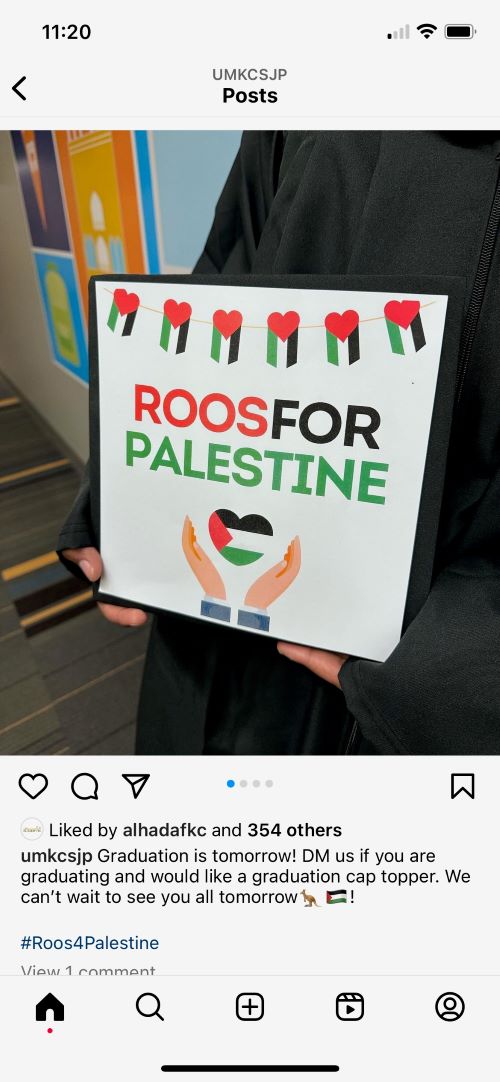 Toppers for graduation caps with a pro-Palestinian message were made available to students at the University of Missouri- Kansas City by a new group, Students for Justice in Palestine.