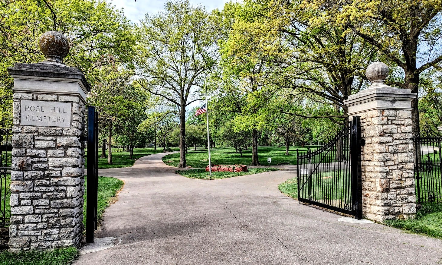 News gates at Rose Hill Cemetery.