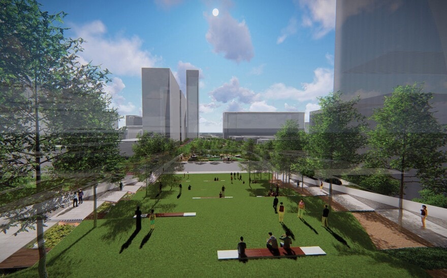 Renderings of the South Loop to cap I-670 downtown show expansive green space.