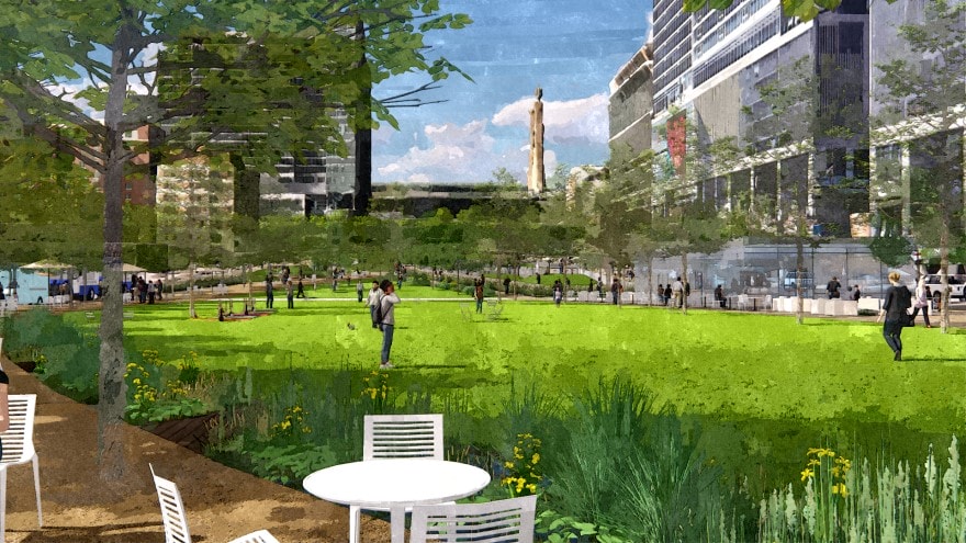 A rendering of the South Loop above I-670 shows a public green space in the middle of downtown Kansas City.