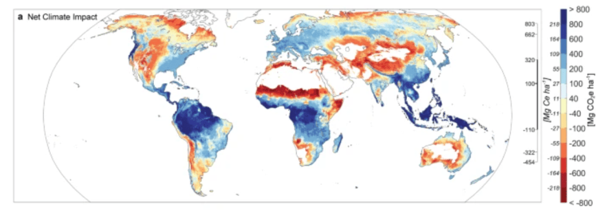 Adding trees to the areas shown in cool colors pays off. The areas shown in warm colors, such as the Great Plains, are areas where trees end up warming the planet because the change to surface reflectivity outweighs the carbon storage benefits. Pale yellow shows places where adding trees neither warms or cools the climate. White shows water and deserts where trees can’t grow.