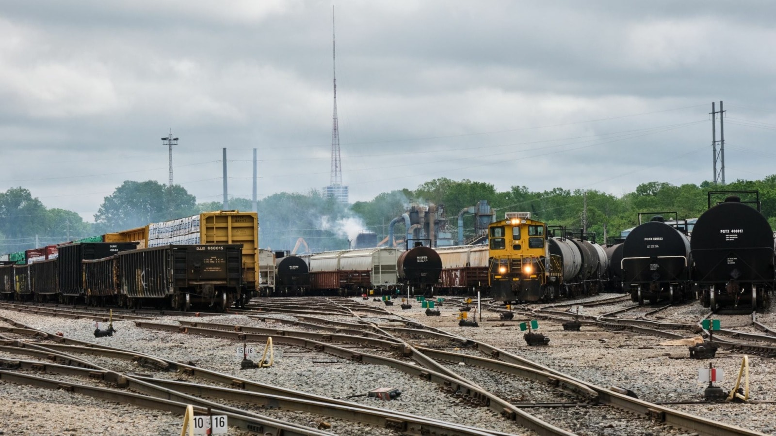 A railroad switching yard in Kansas City, Kansas.