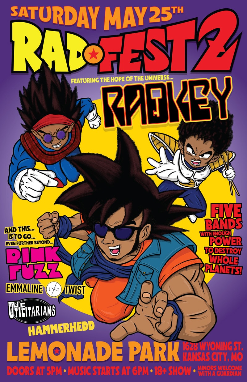 A "Dragon Ball Z"-style concert poster featuring animated members of Radkey.