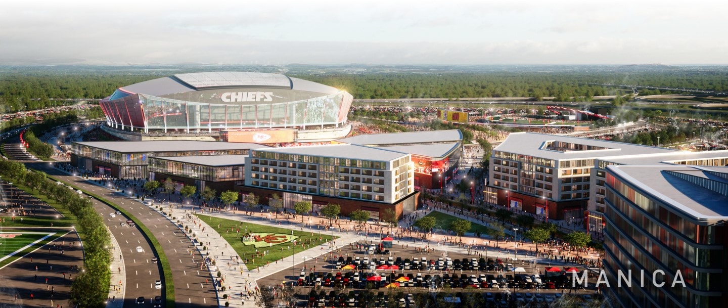 A rendering of a potential Kansas City Chiefs domed stadium in Kansas.