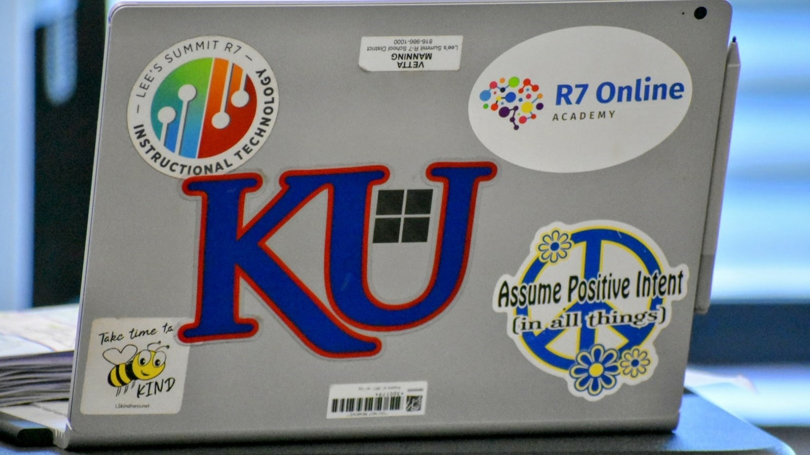 Lee's Summit school district has been on the leading edge of using technology in classrooms, as can be seen by these stickers on Vetta Manning's laptop.