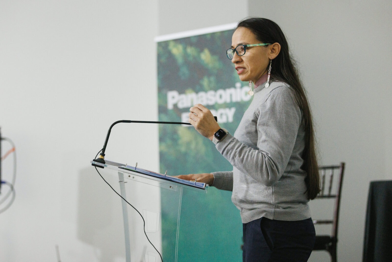 U.S. Rep. Sharice Davids speaks at a press conference at the Panasonic EV Battery Facility in De Soto, Kansas. (Chase Castor | Flatland)