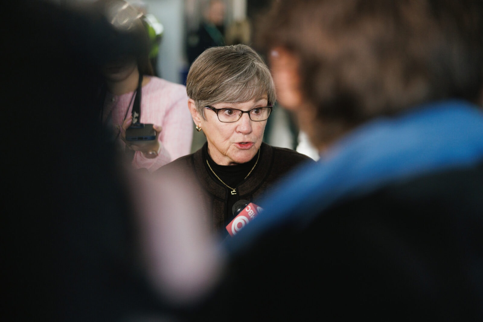 Kansas Gov. Laura Kelly speaks to the press at the Panasonic EV Battery Facility in De Soto, Kansas, on Jan. 17, 2025. (Chase Castor | Flatland