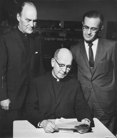 Rabbi Morris B. Margolies (right), president Rabbinical Association of Kansas City, and the Rev. Charles H. Helmsing (left), bishop of the Kansas City-St. Joeph Catholic diocese, pictured with an unidentified priest in January 1966 as part of the fair housing campaign sponsored by the Greater Kansas City Council on Religion and Race. (Photo Courtesy of The Kansas City Star)